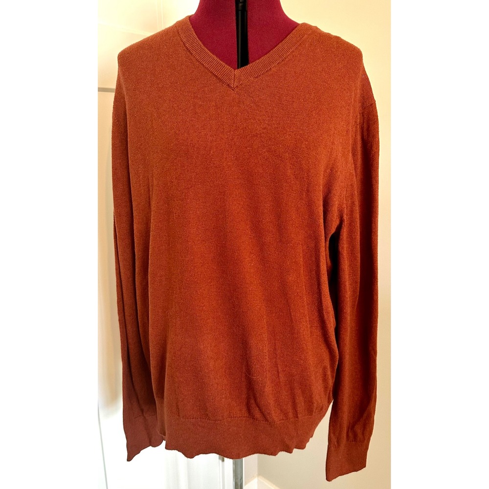 Banana Republic Mens XL Rust Orange Silk Cashmere Blend V-Neck Sweater Luxe Yarn